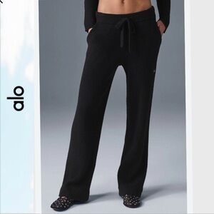Alo Yoga Snuggle Up Sweater High Waist Wide Leg Pants Size Medium Black Ribbed